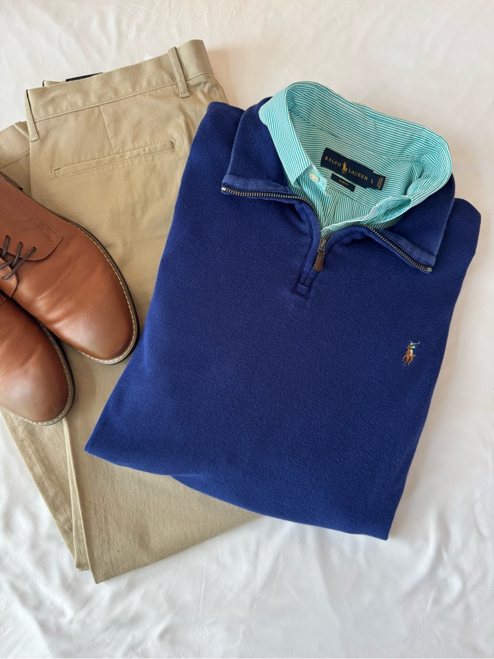 Ralph Lauren Navy Half-Zip Fleece Pullover with Teal Stripe Collar
